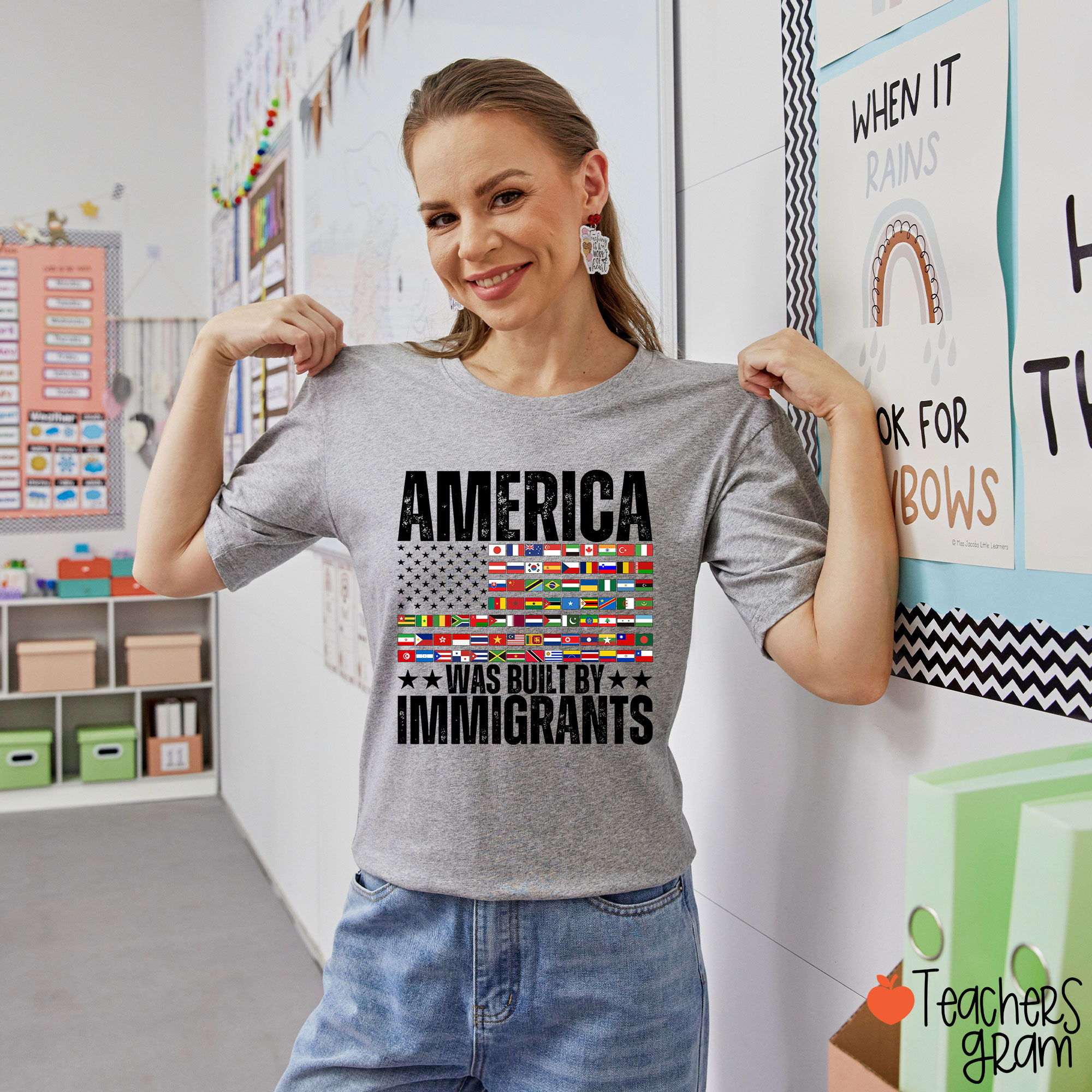 America Was Built By Immigrants USA Flag Teacher T-Shirt