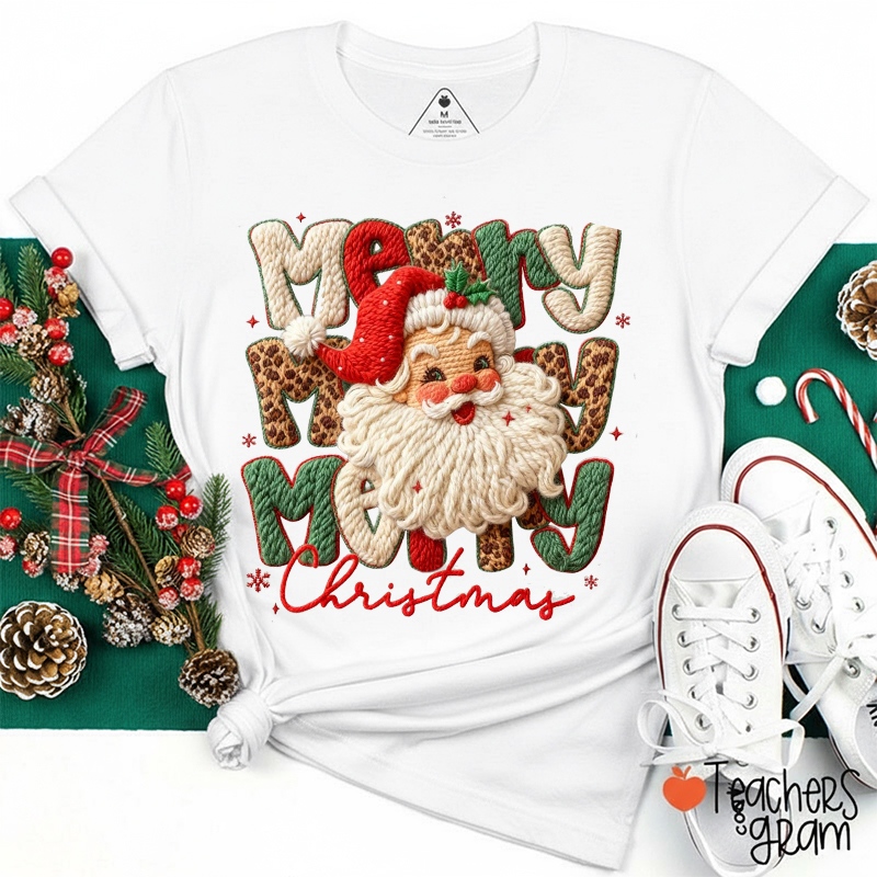 Faux Yarn Merry Christmas Santa Teacher T-Shirt
