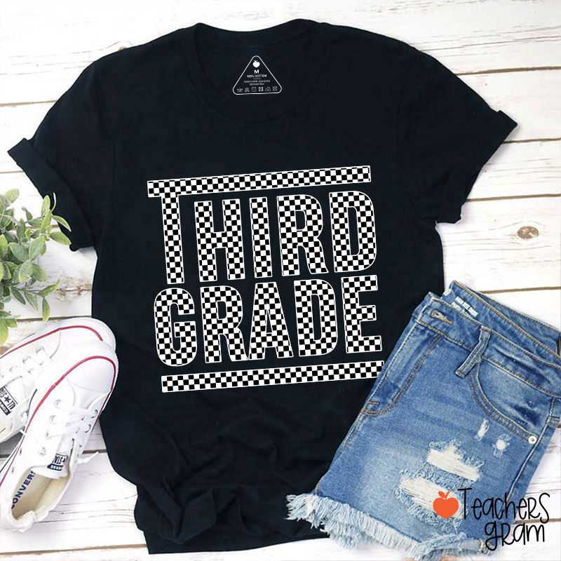 Personalized Black And White Checkerboard Grade Teacher T-Shirt