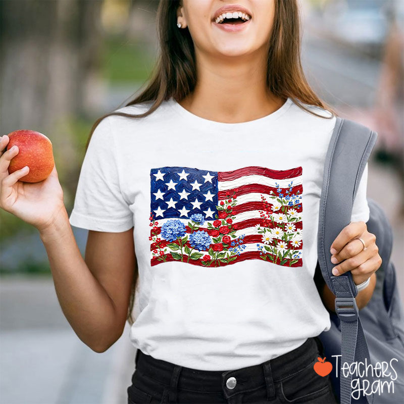 Floral American Flag Teacher T-Shirt