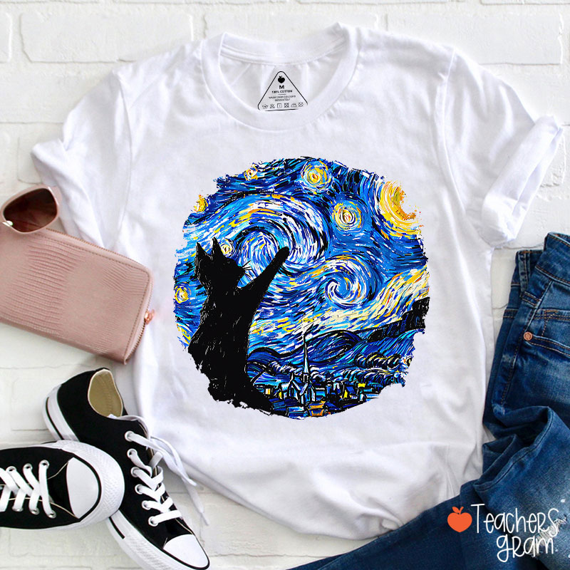 Starry Night And Cat Teacher T-Shirt