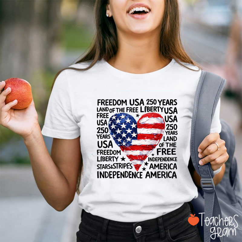 Heart Shaped American Flag Teacher T-Shirt