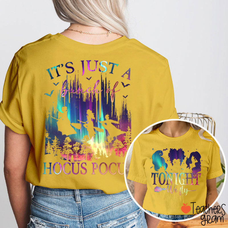 Tonight We Fly Witch Silhouette Broom Bat Teacher Two Sided T‑Shirt