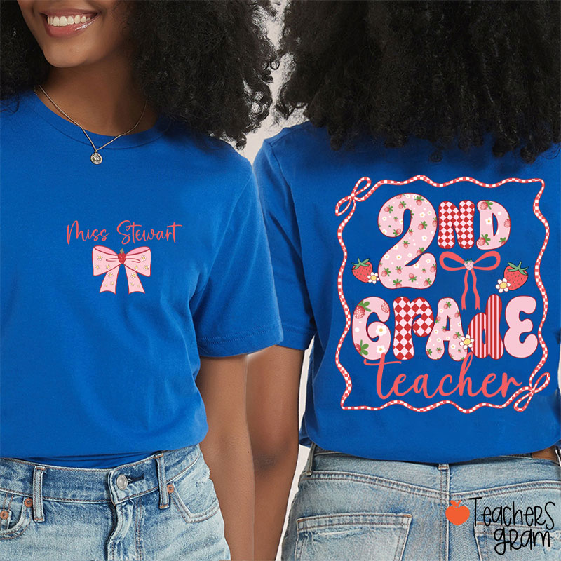 Personalized Name And Grade Strawberry Bow Teacher Two Sided T-Shirt