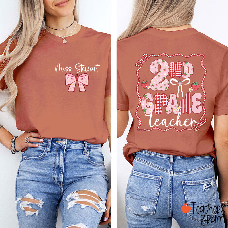Personalized Name And Grade Strawberry Bow Teacher Two Sided T-Shirt