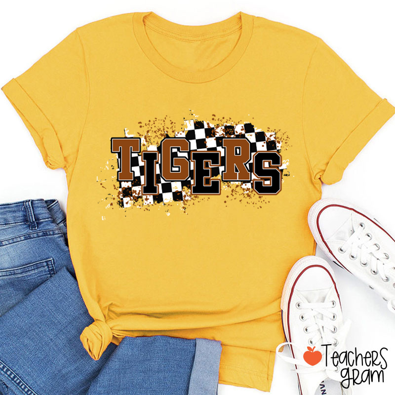 Personalized Mascot School Spirit Checkered Print Teacher T-Shirt