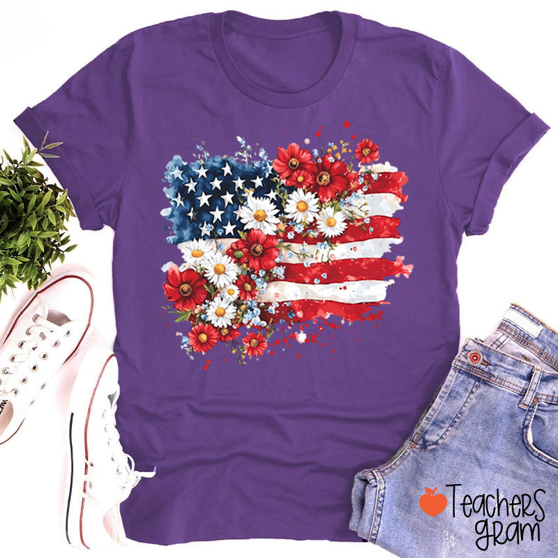 Flower National Flag Teacher T-Shirt