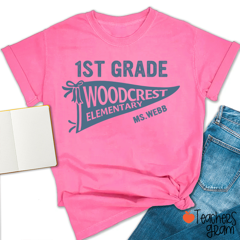 Personalized Grade And School Name Pennant Teacher T-Shirt
