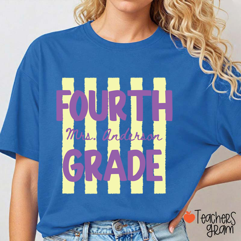 Personalized Name And Grade Preppy Stripes Teacher T-Shirt