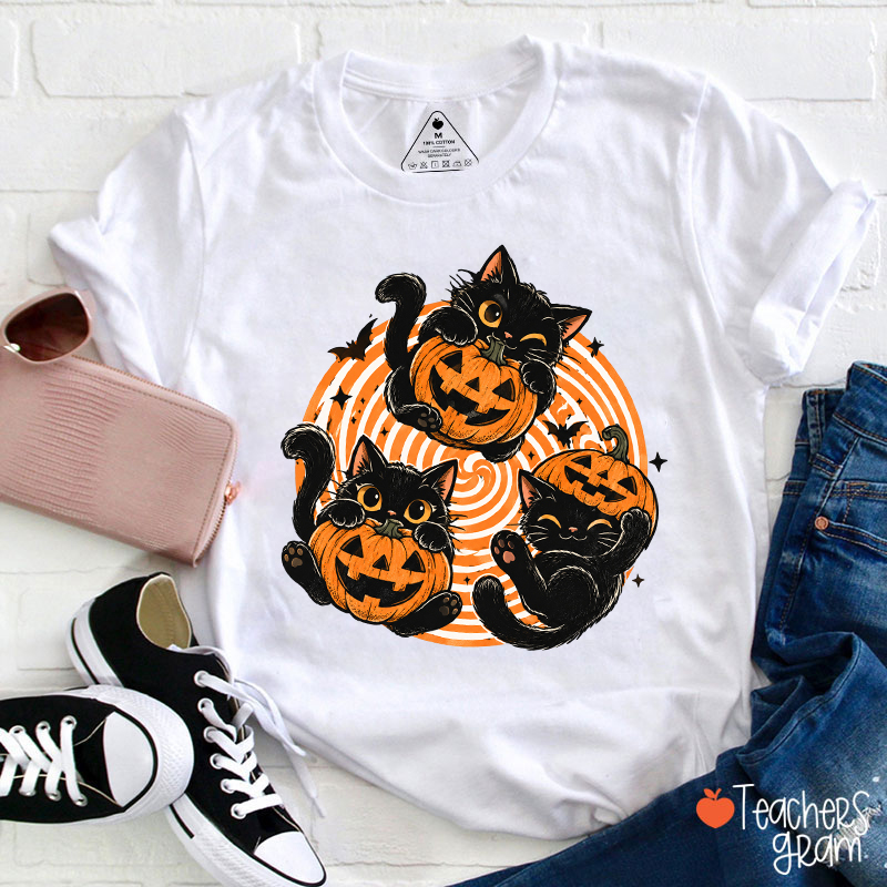 Pumpkin Playtime Black Kitties Teacher T-Shirt