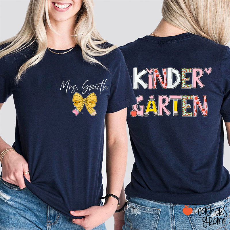 Personalized Grade Stationery  Heart Apple Pencil Teacher Two Sided T-Shirt