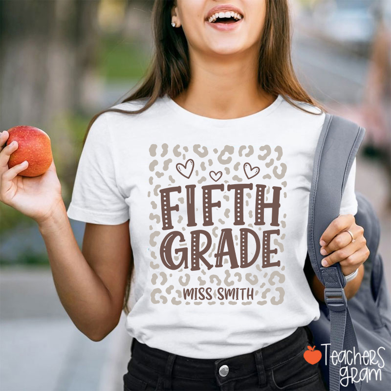 Personalized Name And Grade Leopard Heart Teacher T-Shirt