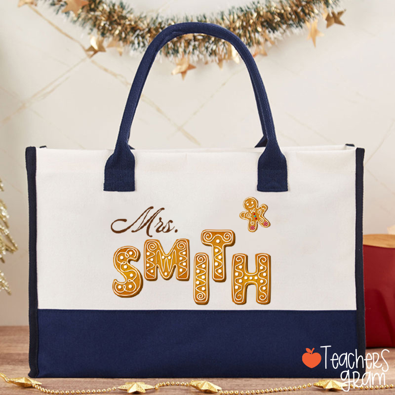 Personalized Name Gingerbread Teacher Cotton Tote Bag