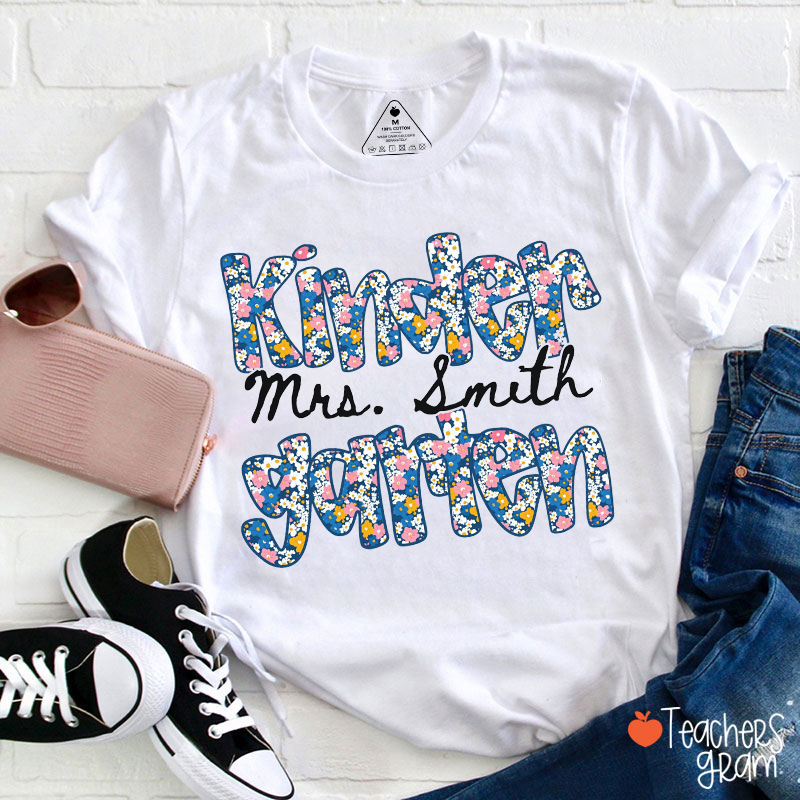 Personalized Grade Name Floral Blue Teacher T-Shirt
