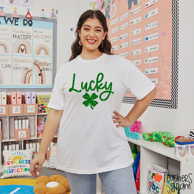 Glitter Lucky Four Leaf Clover Teacher T-Shirt