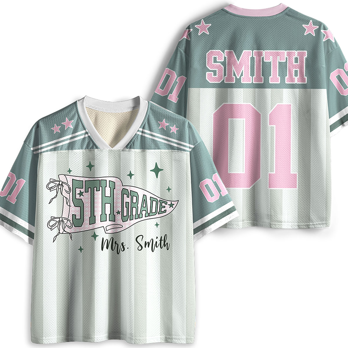 Personalized Grade And Name Striped Pennant Bow Star Teacher Mesh Jersey