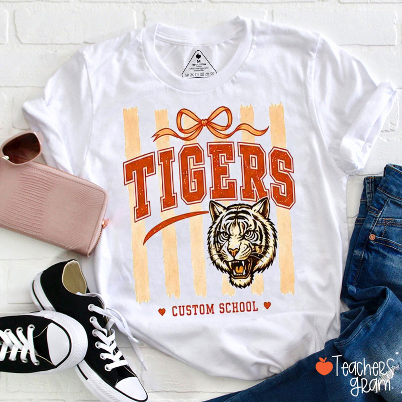 Personalized Mascot Coquette Bow Striped Teacher T-Shirt