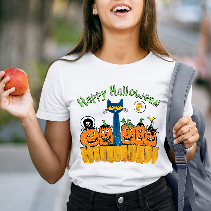 Happy Halloween Cat Moon Pmpkins  T-Shirt