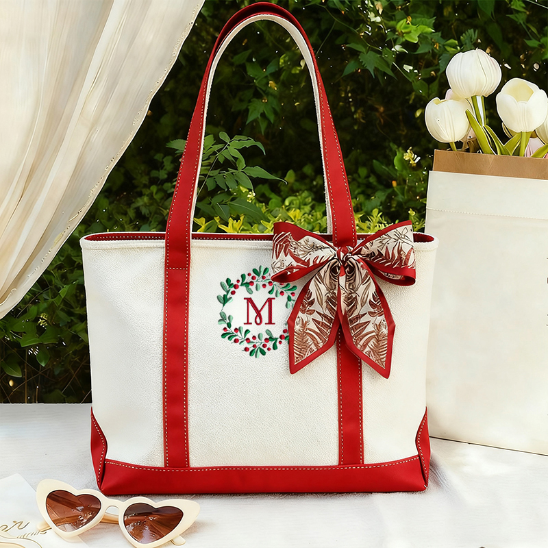 Personalized Letter Christmas Wreath Teacher Canvas Tote Bag