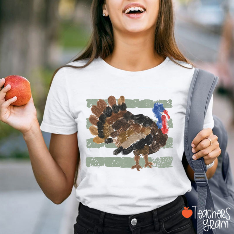 Handprint Turkey With Green Stripes Teacher T-Shirt