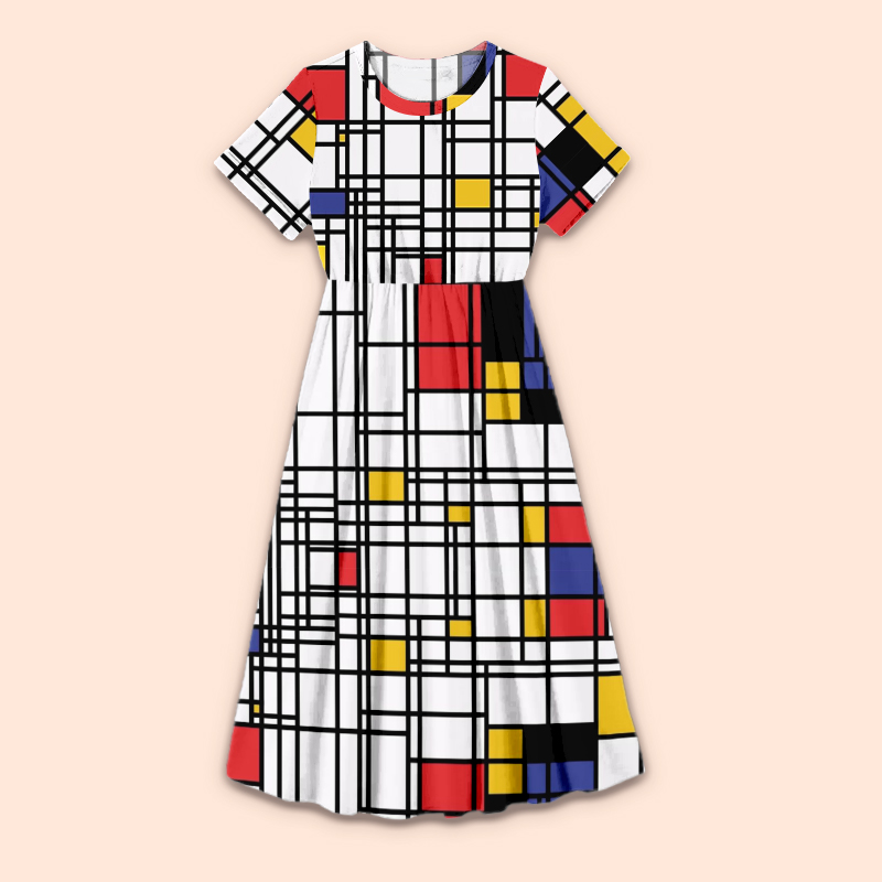 Composition II In Red Blue And Yellow Teacher Printed One Piece Dress