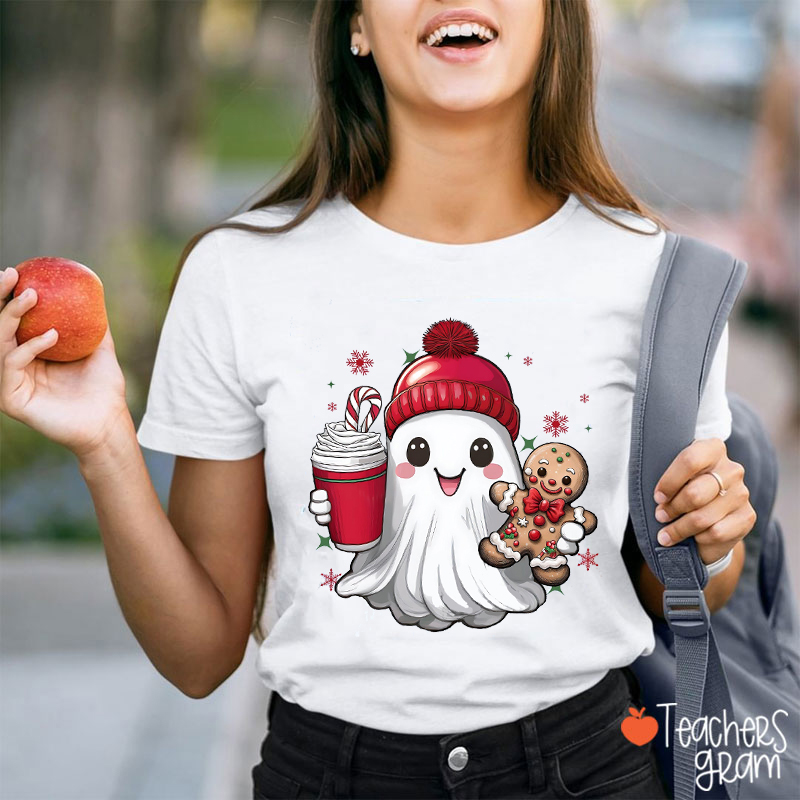Ghost Drink Coffee Gingerbread Christmas Teacher T-Shirt