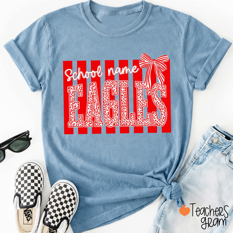 Personalized High School Mascot Striped Coquette Bow Teacher T-Shirt