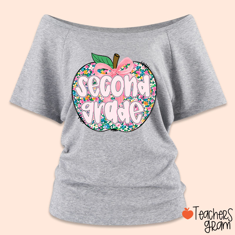 Personalized Grade Flowers Apple Teacher Off Shoulder Shirt