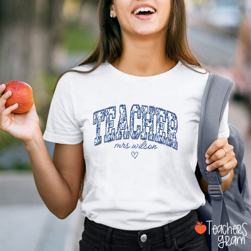Personalized Name Blue And White Porcelain Blue Love Heart Teacher T-Shirt