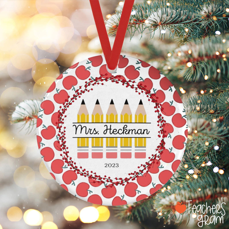 Personalized Name Pencil Apple Teacher Ceramic Christmas Ornament