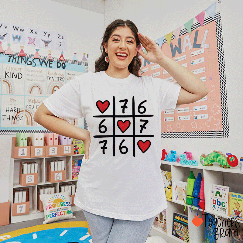 Red Heart Patterned Tic-tac-toe teacher T-shirt