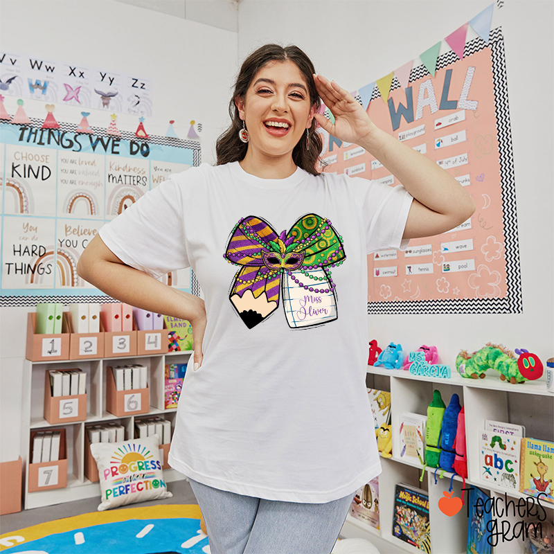 Personalized Name Bow Mardi Gras Teacher T-Shirt