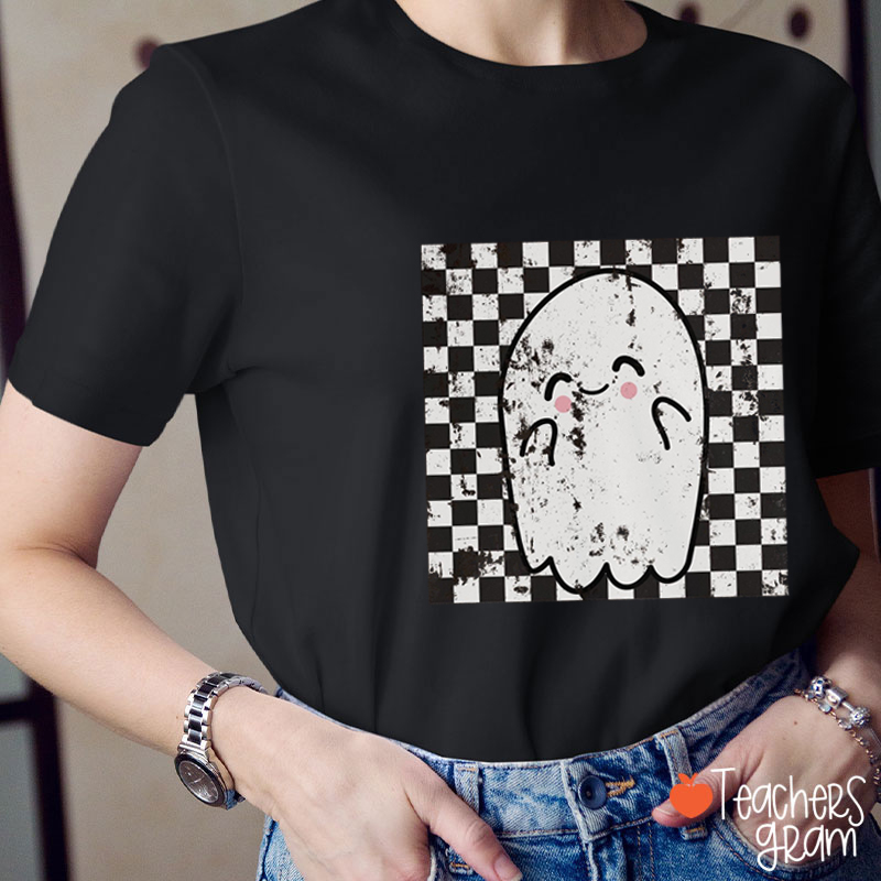 Halloween Checkered Ghost Teacher T-Shirt
