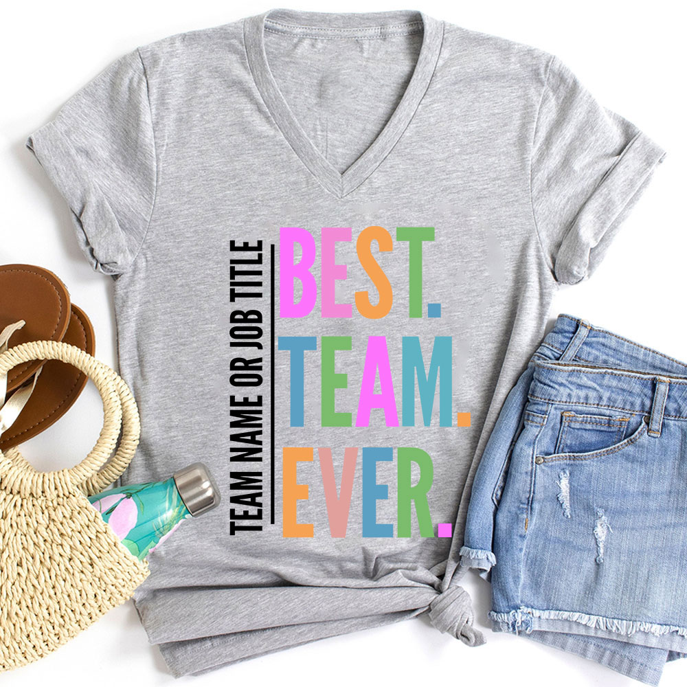 ersonalized Neon Color Best Team Ever Teacher Female V-Neck T-Shirt