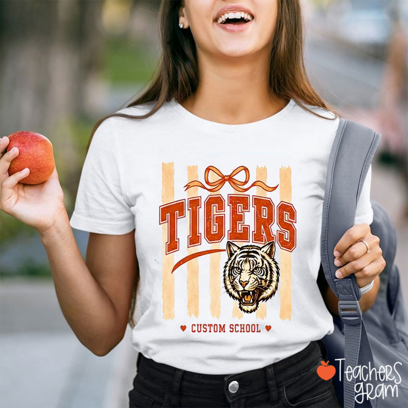 Personalized Mascot Coquette Bow Striped Teacher T-Shirt