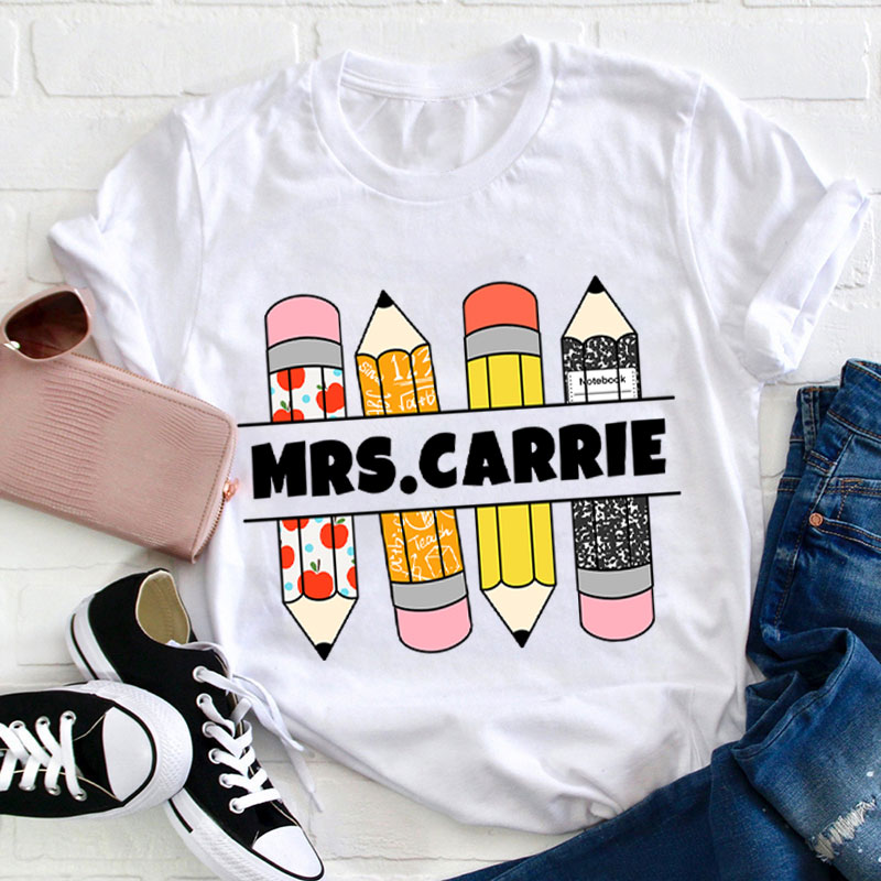 Personalized Colorful Cartoon Pencils Teacher T-Shirt