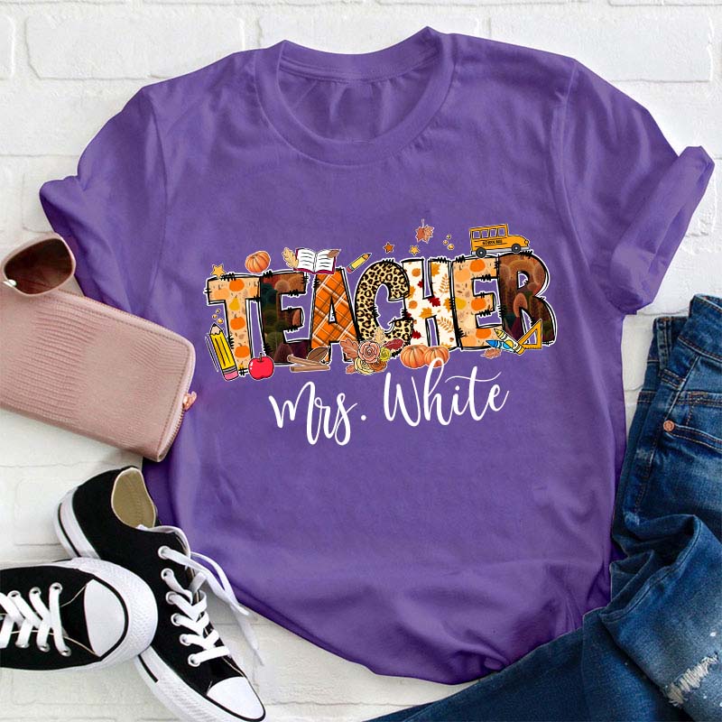 Personalized Name Autumn Crew Teacher T-Shirt