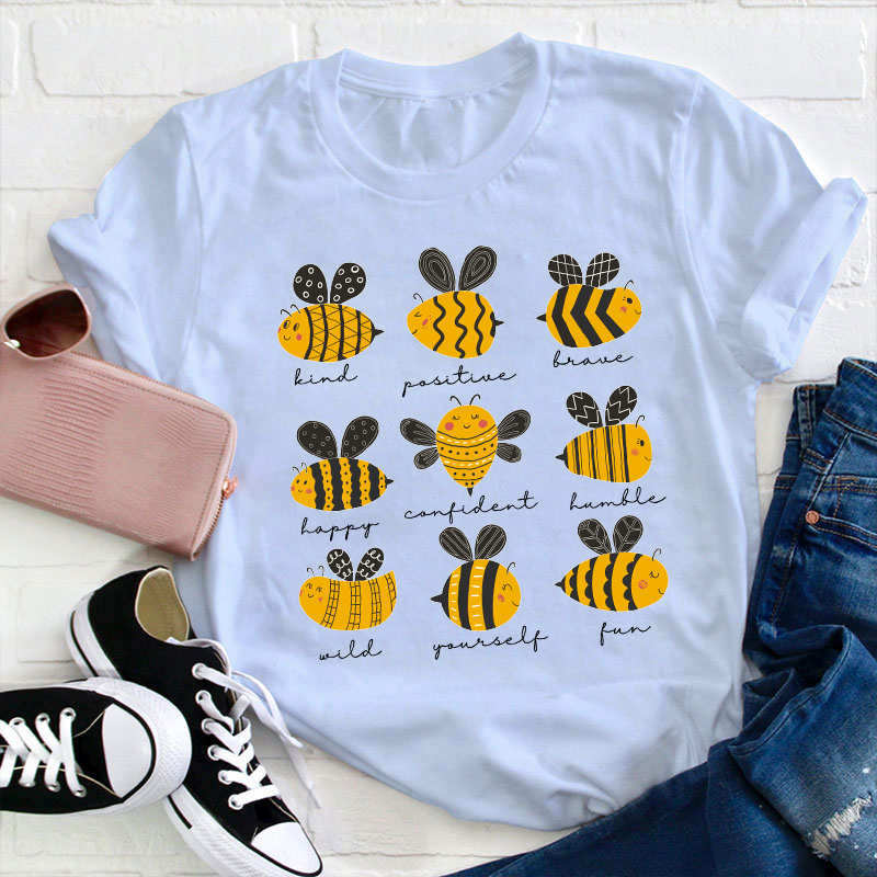 Bee Kind Positive Brave Happy Confident Humble Teacher T-Shirt