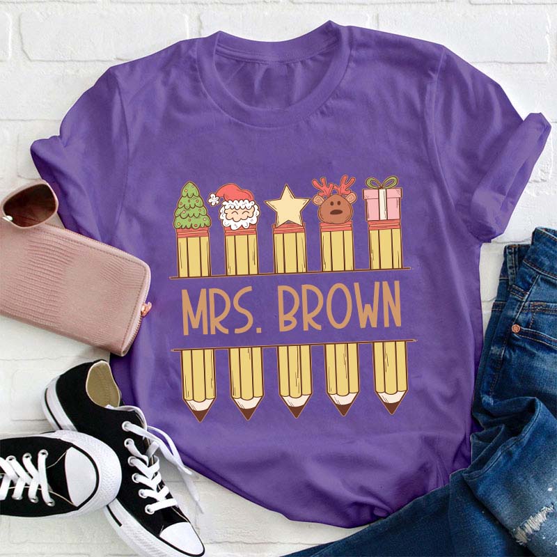 Personalized Name Christmas Pencils Teacher T-Shirt