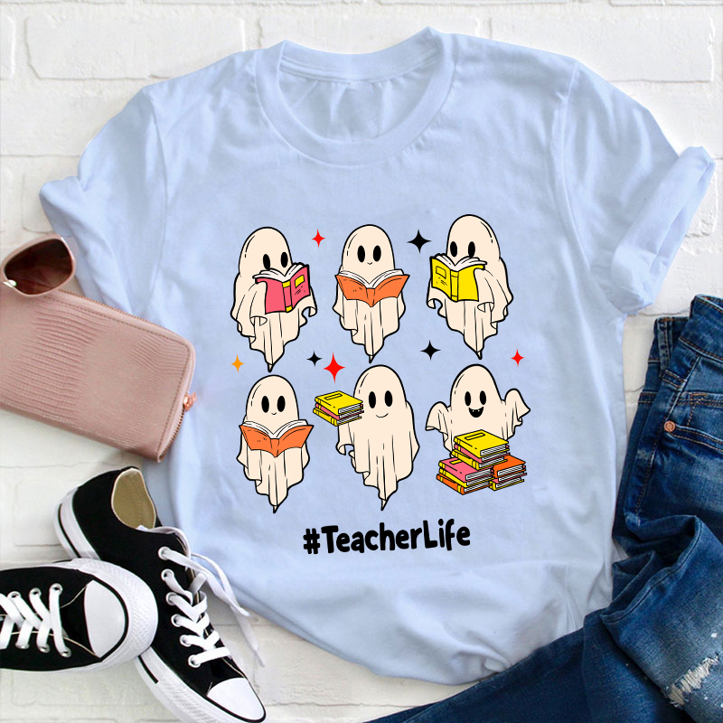 Cute Ghosts Read Books Teacher T-Shirt
