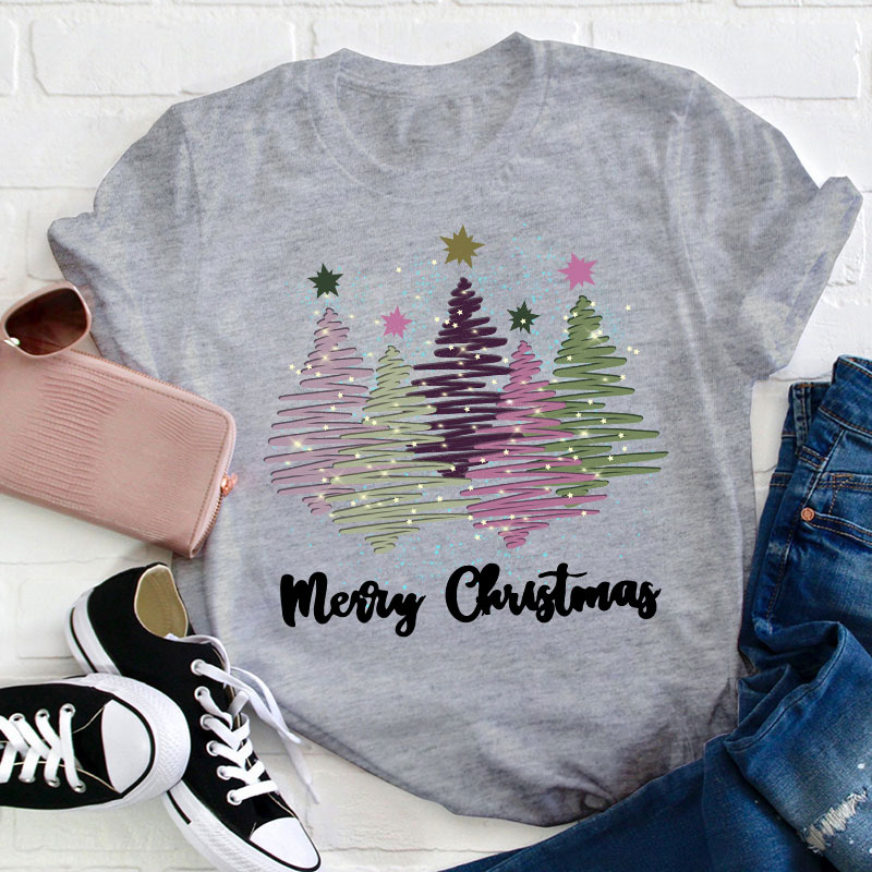 Merry Christmas Colorful Trees Teacher T-Shirt