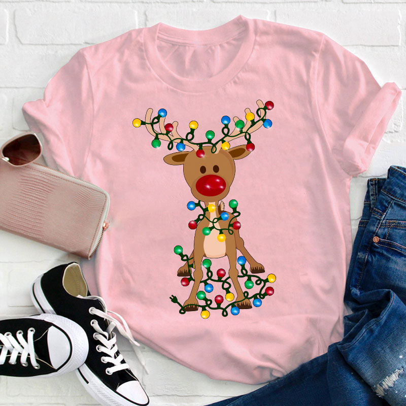 Elk Wrapped In Christmas Lights Teacher T-Shirt