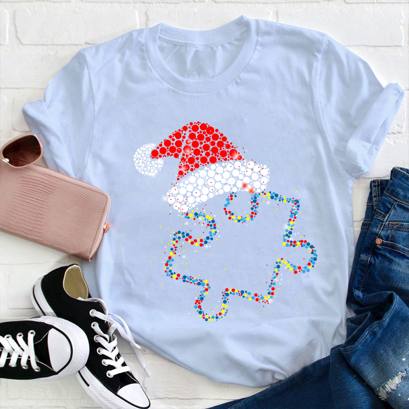 Colorful Puzzle Christmas Hat Teacher T-Shirt