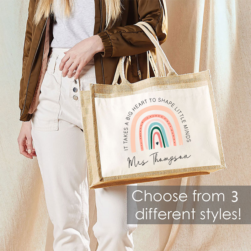 Personalized It Takes A Big Heart To Shape Little Minds Teacher Jute Lunch Bag