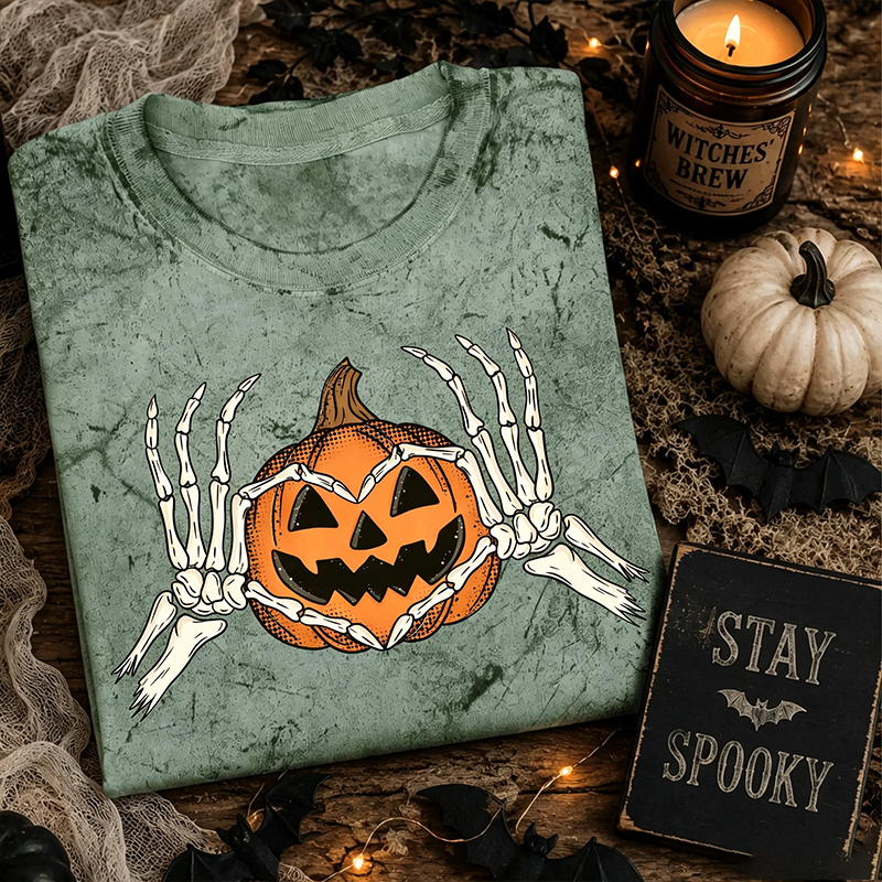 Skeleton Hands Heart Pumpkin Halloween Oversized Graphic T-Shirt