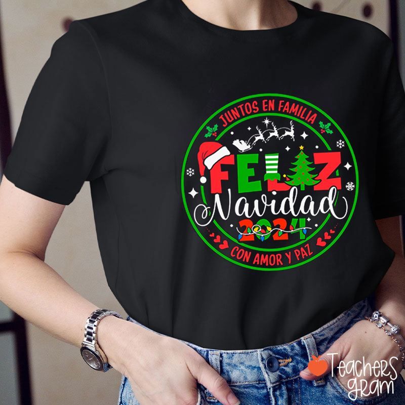 Personalized Feliz Navidad Juntos En Familia Con Amor Y Paz Spanish Teacher T-Shirt