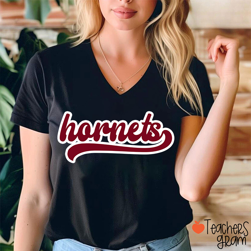 Personalized Mascot School Spirit Contrasting Colors Teacher Female V-Neck T-Shirt