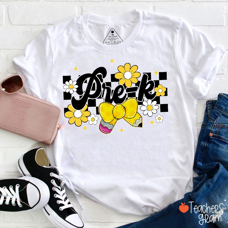 Personalized Grade Checkered Flower Pencil Bow Teacher T-Shirt
