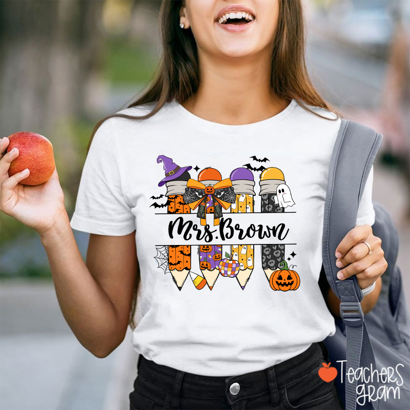 Personalized Name Pumpkin Ghost Pencil Teacher T-Shirt