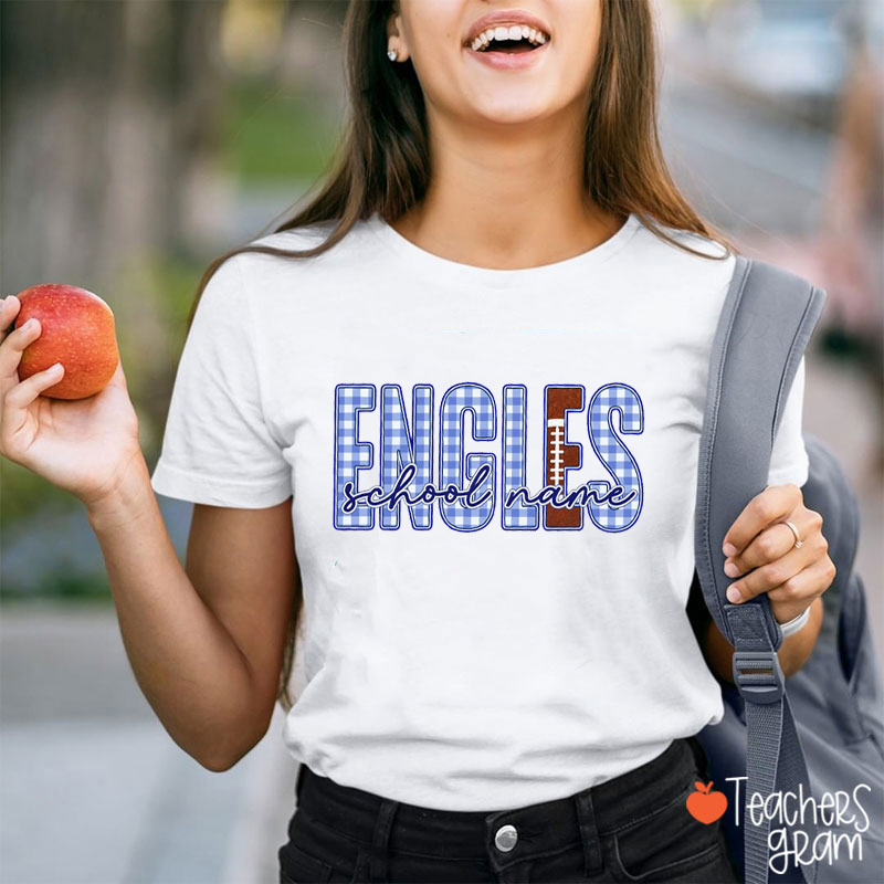 Personalized Mascot And School Name Gingham Football Graphic Teacher T‑Shirt